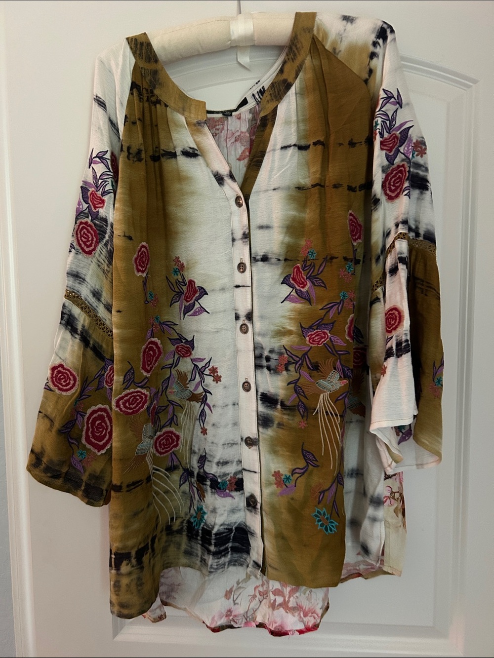 Embroidered Tie-Dye Button-Front Tunic in Olive and White